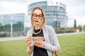 Woman near the European parliament building in Strasbourg Royalty Free Stock Photo