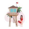 A woman near a life buoy. Beach lifeguard girl in a swimsuit. For banners. Cartoon anime style. Vector illustration Royalty Free Stock Photo