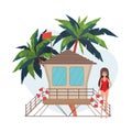 A woman near a life buoy. Beach lifeguard girl in a swimsuit. For banners. Cartoon anime style. Vector illustration Royalty Free Stock Photo