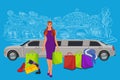 Woman near limousine after shopping, Italy background, vector illustration