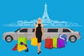 Woman near limousine after shopping, Paris background, vector illustration