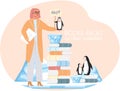Woman near stack of books with information about global warming, change climate at North Pole Royalty Free Stock Photo