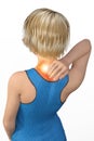 Woman with neck pain, muscle pain, tearing and twisting. Cervicalgia, symptoms of torticollis. Contracture of the trapezius and of Royalty Free Stock Photo