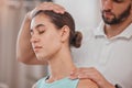 Woman, neck pain or physiotherapy stretching in sports clinic for pain relief, muscle stress management or healthcare Royalty Free Stock Photo