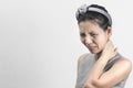 Woman neck pain on white background Royalty Free Stock Photo