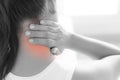 Woman neck and shoulder pain and injury. Health care and medical concept. Black and white tone Royalty Free Stock Photo