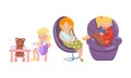 Woman Nestling in Armchair and Drinking Hot Tea and Kid Sitting on Chair and Playing Toy Bear Vector Illustration Set