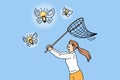 Woman with net catch butterfly light bulbs