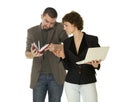 Woman with netbooks and man with notebook Royalty Free Stock Photo