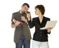 Woman with netbooks and man with notebook