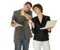 Woman with netbooks and man with notebook Royalty Free Stock Photo