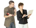 Woman with netbooks and man with notebook Royalty Free Stock Photo