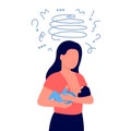 Woman with newborn baby child in her arms in postpartum depression. Unhappy female in doubt, trouble, anxious, asks