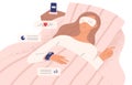 Woman in night mask lying on bed in sleeping tracker vector flat illustration. Relaxed female in modern device control