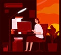 Woman night office. Business female characters late at work hard work in piles of paper documents vector concept