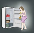 Woman at night sneaks to the fridge. food for the night. vector illustration.