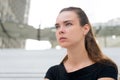 Woman with no makeup face in paris, france. Woman with long hair on blurred cityscape. Girl with young look and sensual beauty. Fa