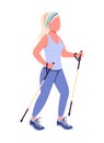 Woman on nordic walk semi flat color vector character