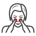 Woman nose disturbs line icon, body pain concept, person has nasal pain vector sign on white background, outline style