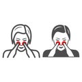 Woman nose disturbs line and solid icon, body pain concept, person has nasal pain vector sign on white background