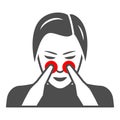 Woman nose disturbs solid icon, body pain concept, person has nasal pain vector sign on white background, glyph style