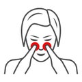 Woman nose disturbs thin line icon, body pain concept, person has nasal pain vector sign on white background, outline