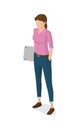 Woman with Notebook, in Pink Sweater, Blue Jeans