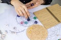 Woman numerologist astrologer counts numbers. Selective focus