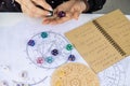 Woman numerologist astrologer counts numbers. Selective focus