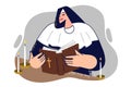 Woman nun reads bible standing near altar with burning candles during sunday liturgy Royalty Free Stock Photo