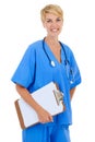 Woman, nurse and portrait with checklist in studio for medical research, assessment or writing of clinic results. Happy