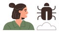 Woman Observing a Bug Above a Cloud, Representing Technology and Problem-Solving Concepts Royalty Free Stock Photo