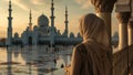 Woman Observing Grand Mosque at Sunset