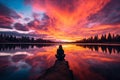 Woman observing vibrant sunset over serene lake. Generative AI
