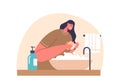 Woman with Obsessive-compulsive Disorder, Ritualistically Washing Hands, Driven By Relentless Fear, Vector Illustration