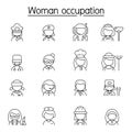 Woman Occupation, Profession, Career icon set in thin line style