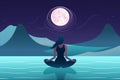 woman ocean meditation relaxation person back exercise on yoga meditation beach lotus sea. Generative AI.