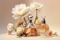 woman fragrance bottle smell cosmetic glass aroma luxury flower scent perfume. Generative AI.