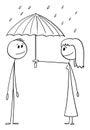 Woman Offering Umbrella in Rain to Man, Love and Protection, Vector Cartoon Stick Figure Illustration