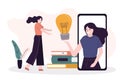 Woman offers student idea of online learning. Female character holding big light bulb