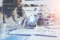 Woman in office, bitcoin network Royalty Free Stock Photo