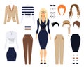 Woman in office clothes, stylish uniform design. Set of Glasses, Hair Styles and Female Clothing. Flat Vector Illustration.