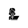 Woman in office with computer black icon concept. Woman in office with computer flat vector symbol, sign, illustration. Royalty Free Stock Photo