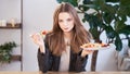 Woman in office eating salad at working place. Concept of lunch at work and eating healthy food. healthy eating concept Royalty Free Stock Photo