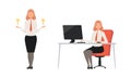 Woman Office Employee Character Wearing Suit and Red Tie Sitting at Laptop and Standing with Light Bulb Vector Set