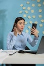 Woman at office speaking in an online meeting Royalty Free Stock Photo