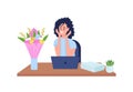 Woman in office surprised by flowers flat color vector detailed character