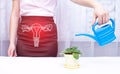 A woman in the office waters a flower from a watering can. Urinary and reproductive system diseases concept, urinary incontinence Royalty Free Stock Photo