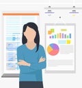 Woman office worker analyzes indicators on presentation with charts, presents financial statement
