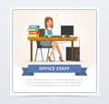 Woman office worker character working at computer. Business woman or clerk sitting at her desk with folders. Flat